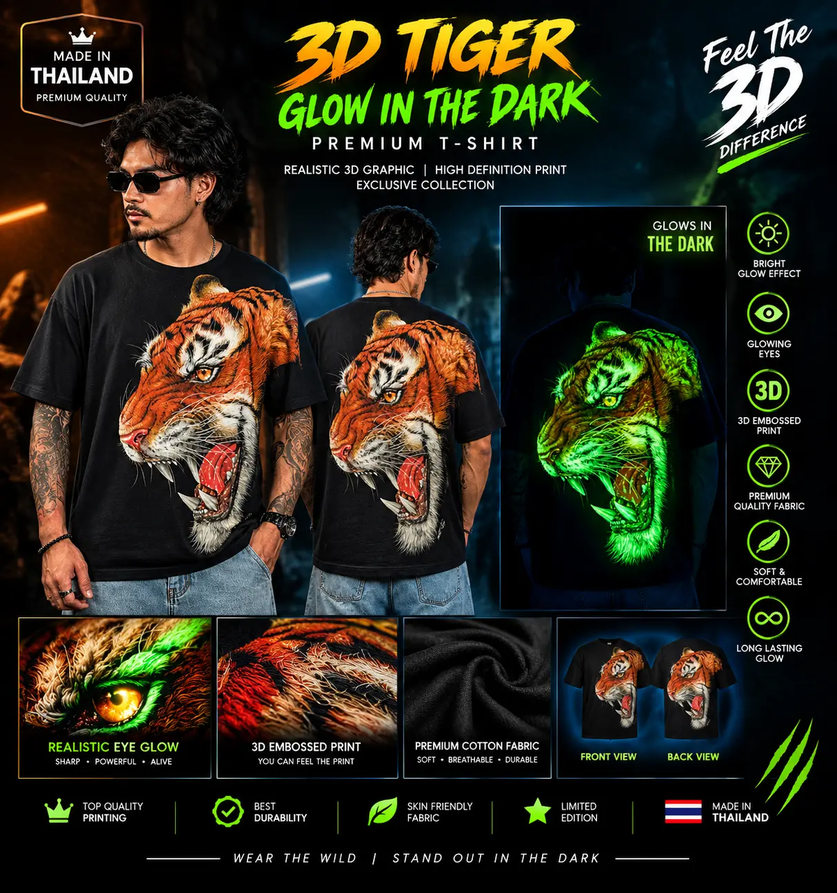 3D TIGER — GLOW IN THE DARK Premium HD • Eye Glow • Made in Thailand — view 4 of 5